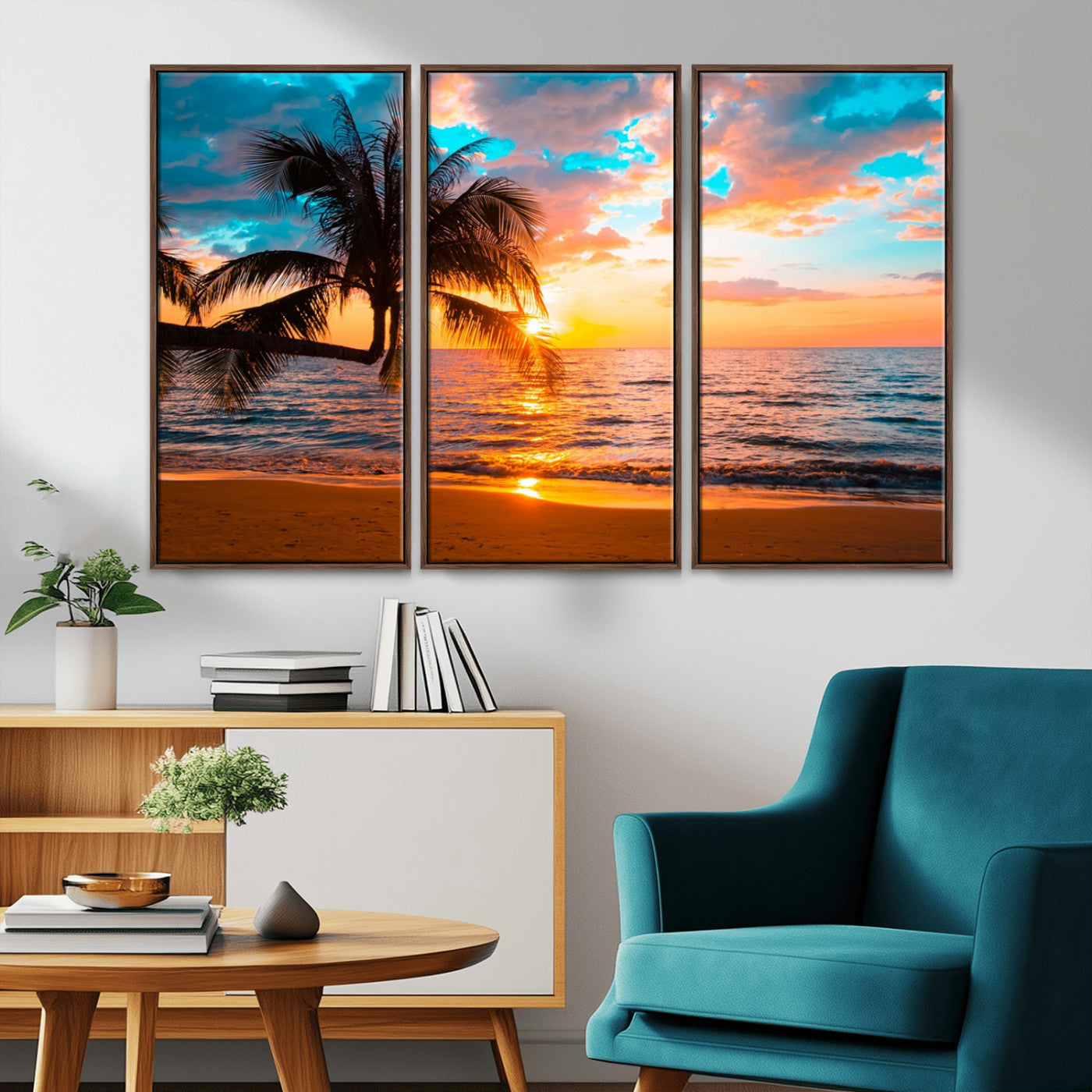 34674-MGV-CV-36X24-Tropical Sunset Beach Wall Art – Palm Tree Ocean Canvas Print, Coastal Seascape Decor for Living Room or Office Wall