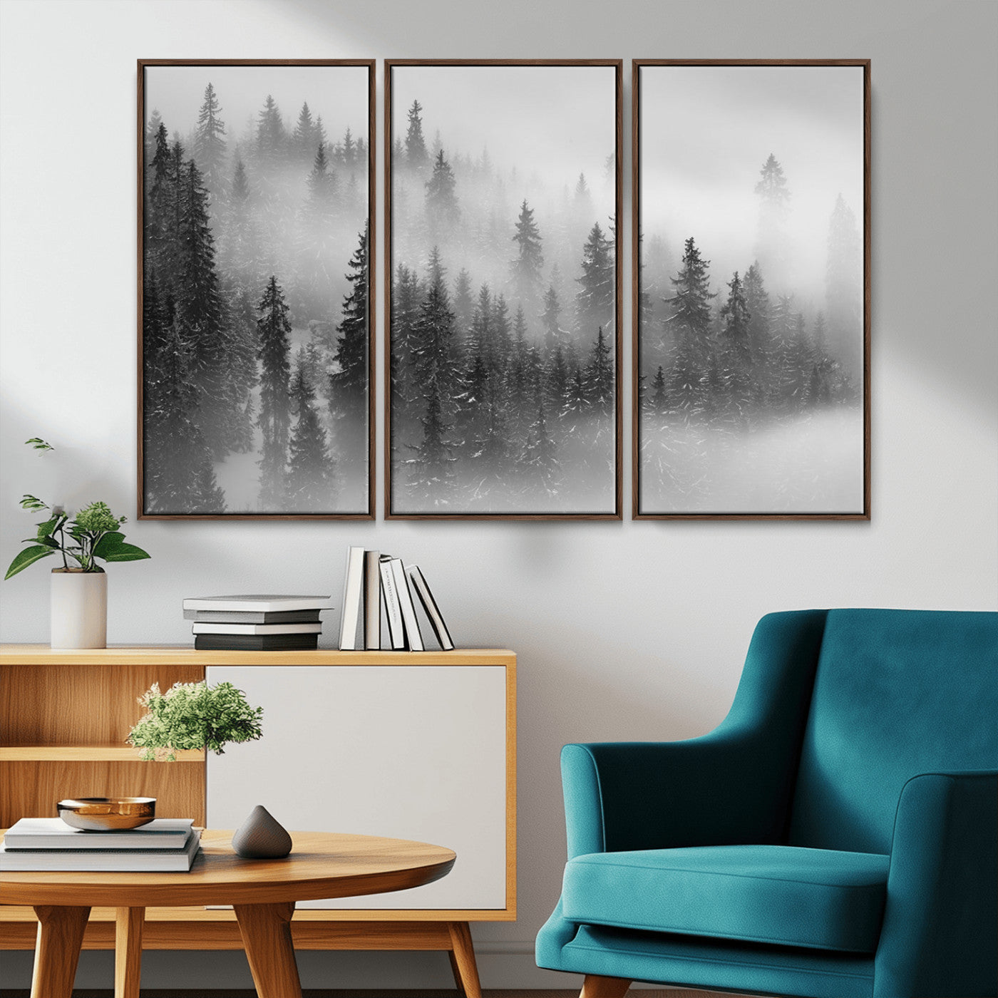 57235-MGV-CV-36X24-Misty Pine Forest Wall Art – Black and White Mountain Landscape Canvas Print, Nature Woodland Decor for Living Room, Bedroom or