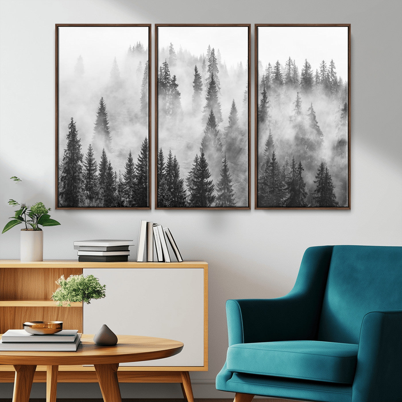 10422-MGV-CV-36X24-Misty Pine Forest Wall Art – Black and White Foggy Landscape Canvas Print, Serene Nature Woodland Decor for Bedroom, Office or