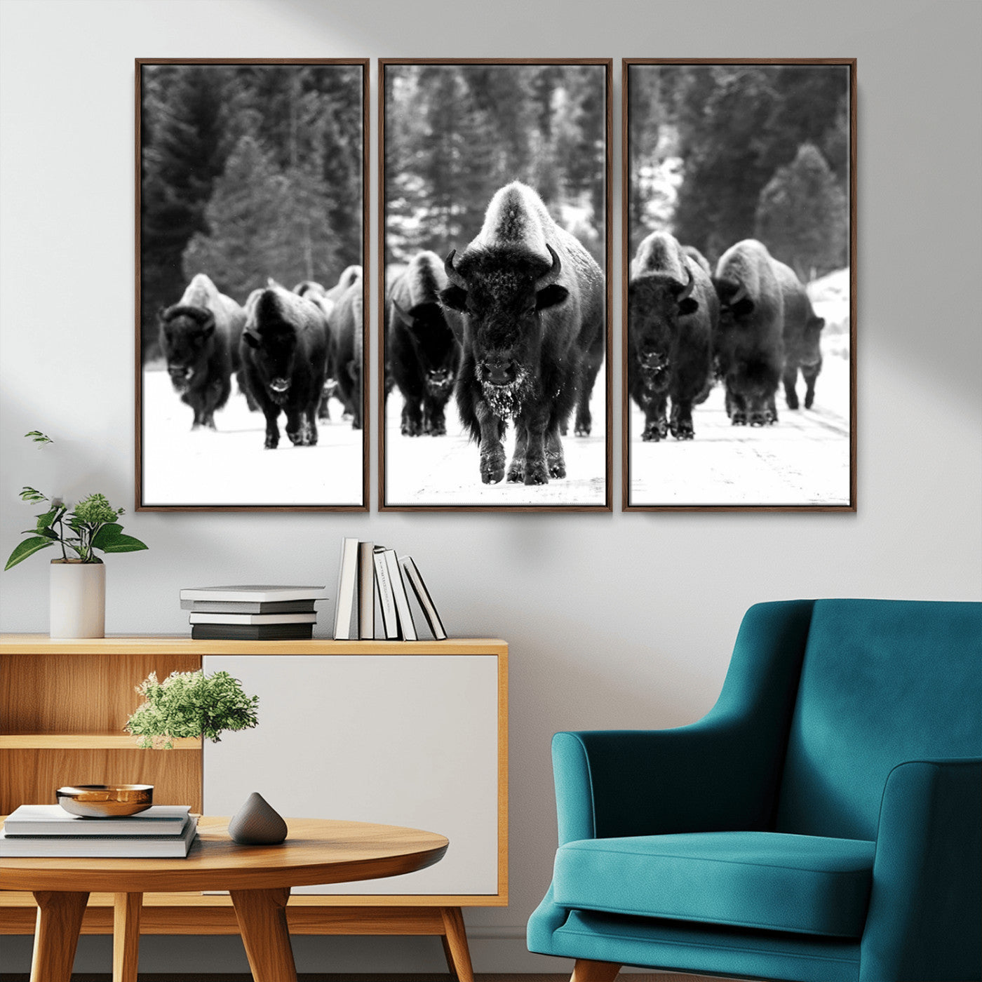 62434-MGV-CV-36X24-Bison Herd Wall Art – Majestic Black and White Buffalo Canvas Print, Wildlife Nature Photography Decor for Living Room, Office or