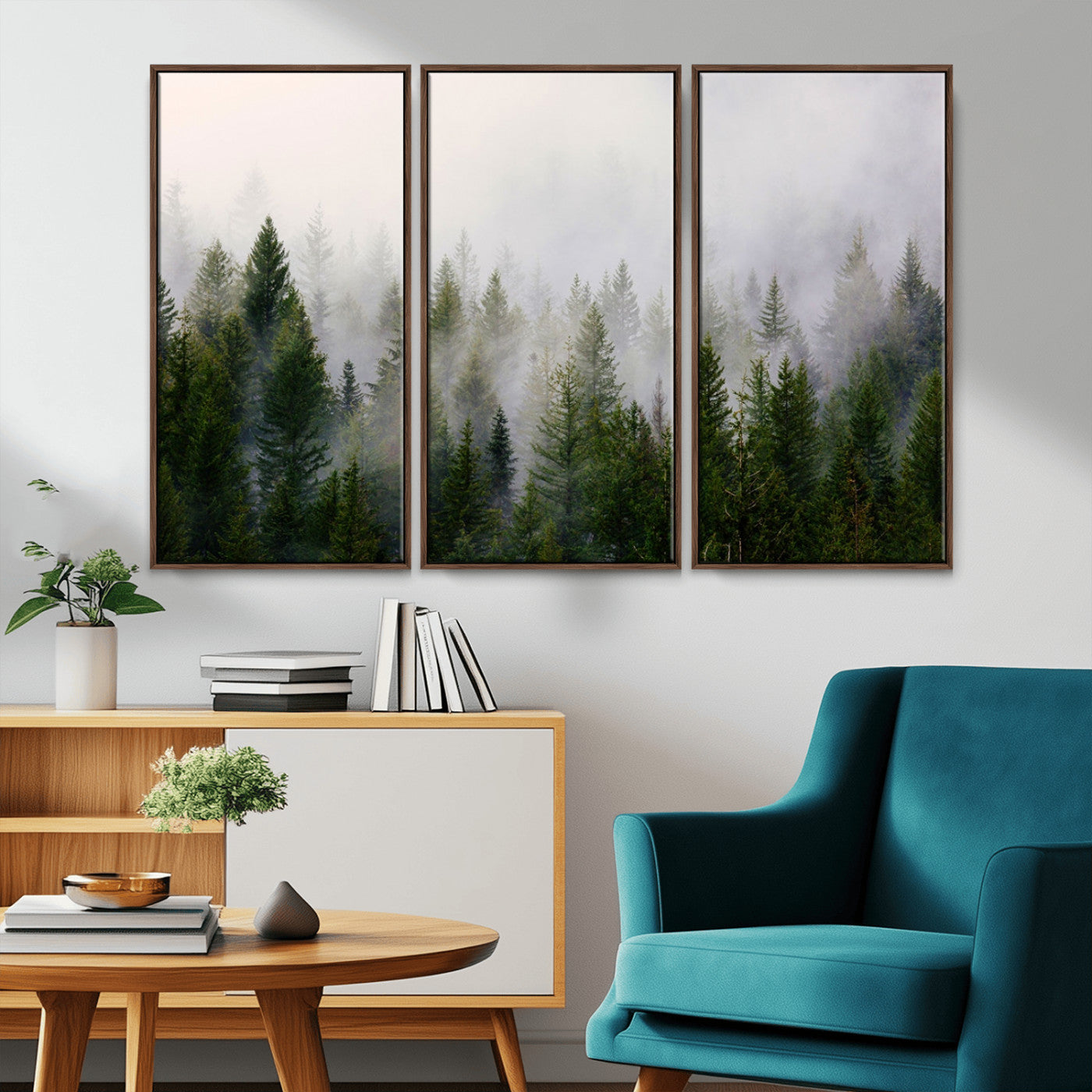 11436-MGV-CV-36X24-Misty Forest Wall Art – Tranquil Evergreen Tree Canvas Print with Foggy Landscape, Nature Inspired Artwork for Bedroom, Living