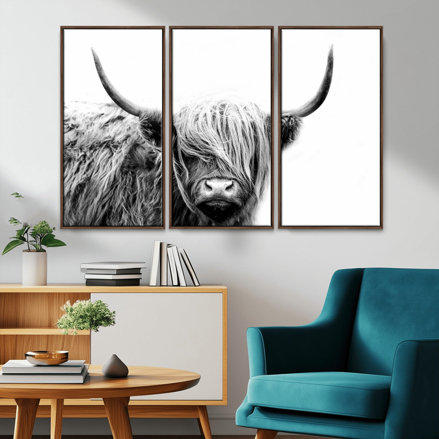 51957-MGV-CV-36X24-Highland Cow Wall Art – Black and White Scottish Highland Bull Canvas Print, Rustic Farmhouse Animal Decor for Living Room,