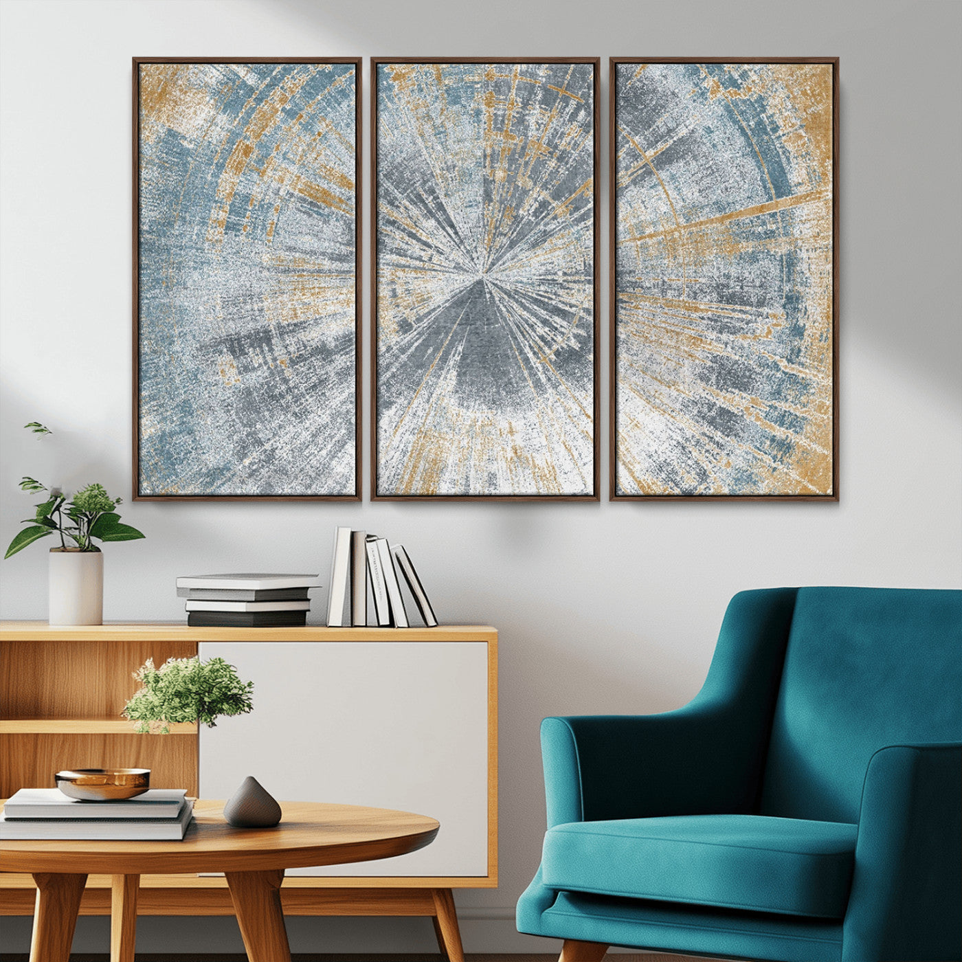 17631-MGV-CV-36X24-Radiant Burst Wall Art – Abstract Sunburst Canvas Print in Blue and Gold, Modern Geometric Painting for Living Room, Office or