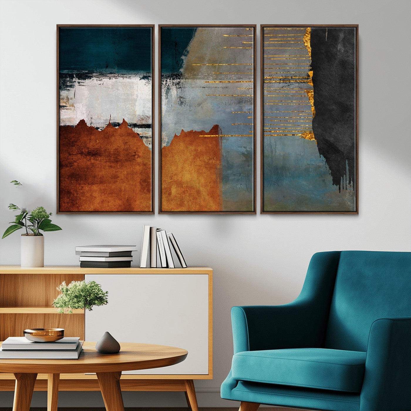 35026-MGV-CV-36X24-Abstract Canvas Wall Art – Modern Teal, Rust, Black and Gold Textured Painting, Contemporary Decor for Living Room, Bedroom