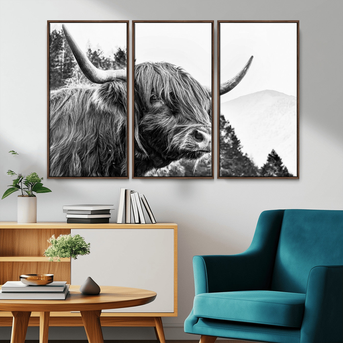 61570-MGV-CV-36X24-Highland Cow Wall Art – Black and White Scottish Bull Canvas Print, Rustic Farmhouse Animal Decor for Living Room, Bedroom, or