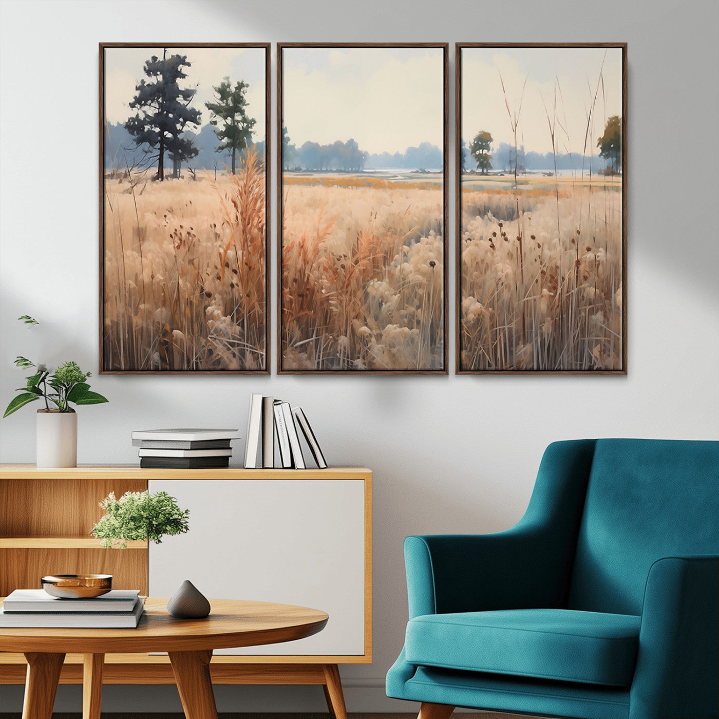 98822-MGV-FC-48X32-3P_Walnut-Autumn Meadow Wall Art – Tranquil Grassland Landscape Canvas Print, Rustic Country Decor for Living Room, Bedroom or Farmhouse