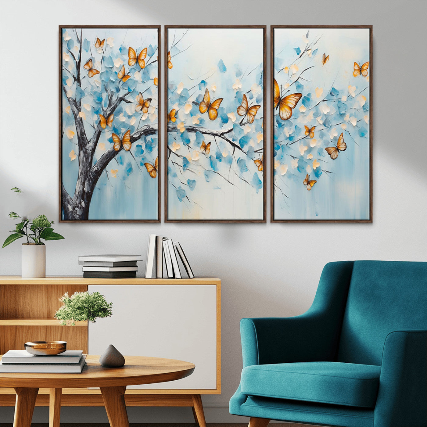 59455-MGV-CV-36X24-Butterfly Tree Branch Wall Art – Blue and Yellow Abstract Canvas Print, Modern Nature Artwork for Living Room, Bedroom or Office