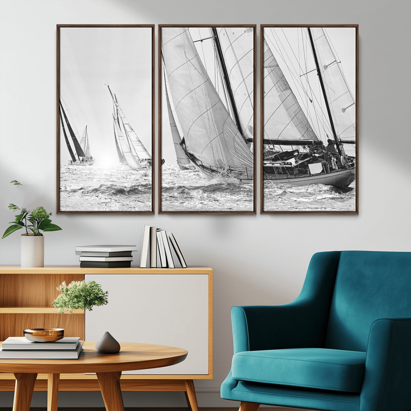 Boat-1-MGV-CV-36X24-Sailboat Racing Wall Art – Nautical Black and White Canvas Print, Ocean Adventure Decor for Office, Living Room or Bedroom
