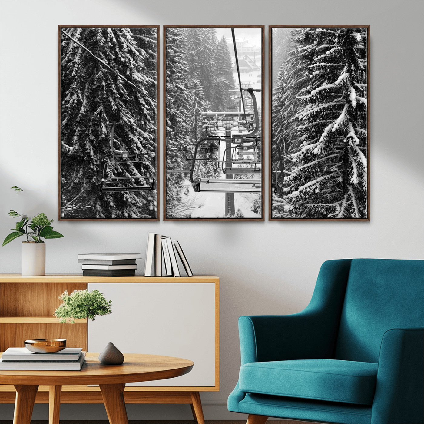 19240-MGV-CV-36X24-Ski Lift Wall Art – Black and White Winter Mountain Canvas Print, Snowy Forest Ski Resort Photography for Cabin, Lodge, Office or