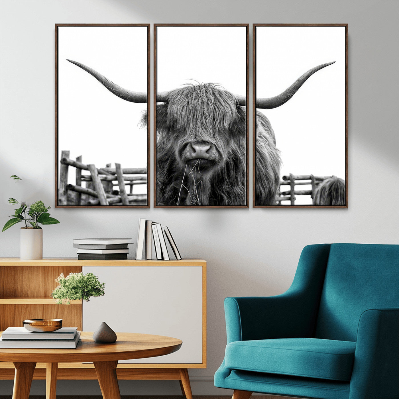 58188-MGV-CV-36X24-Highland Cow Wall Art – Black and White Rustic Farmhouse Canvas Print, Longhorn Cattle Photography Decor for Living Room or