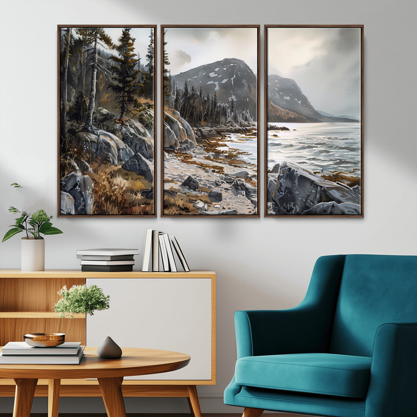 41281-MGV-CV-36X24-Rocky Shoreline Wall Art – Panoramic Mountain Coast and Forest Canvas Print, Rustic Nature Landscape Decor for Cabin, Lodge, or