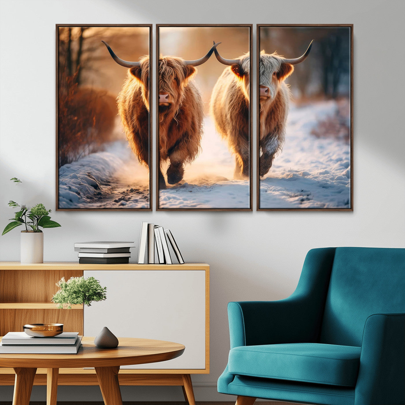 94810-MGV-CV-36X24-Highland Cow Wall Art – Rustic Canvas Print Two Cattle Snow Path Sunset, Farmhouse Country Decor for Living Room, Bedroom, Office,