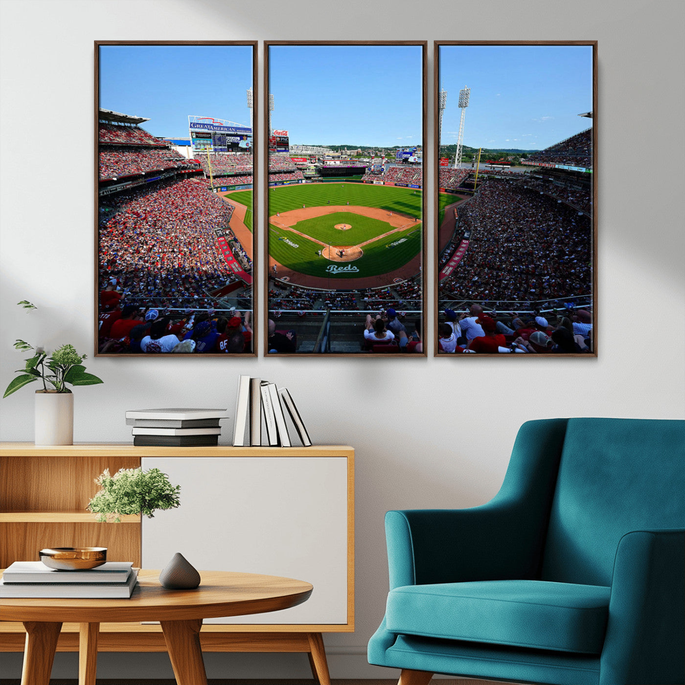 90998-MGV-CV-36X24-Baseball Stadium Wall Art – Canvas Print Day Game Field Packed Crowd Bright Blue Sky Sports Photography, Classic Decor for Game