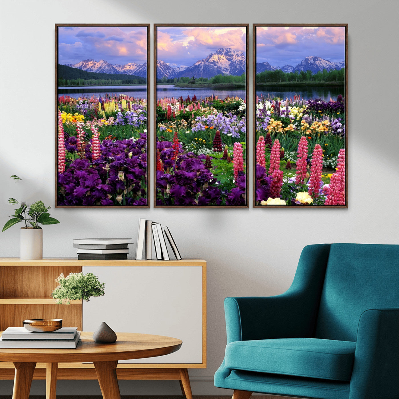 82270-MGV-CV-36X24-Colorful Wildflower Meadow Landscape Wall Art – Snow-Capped Mountain Lake Sunset Print, Vibrant Nature Artwork for Living Room,