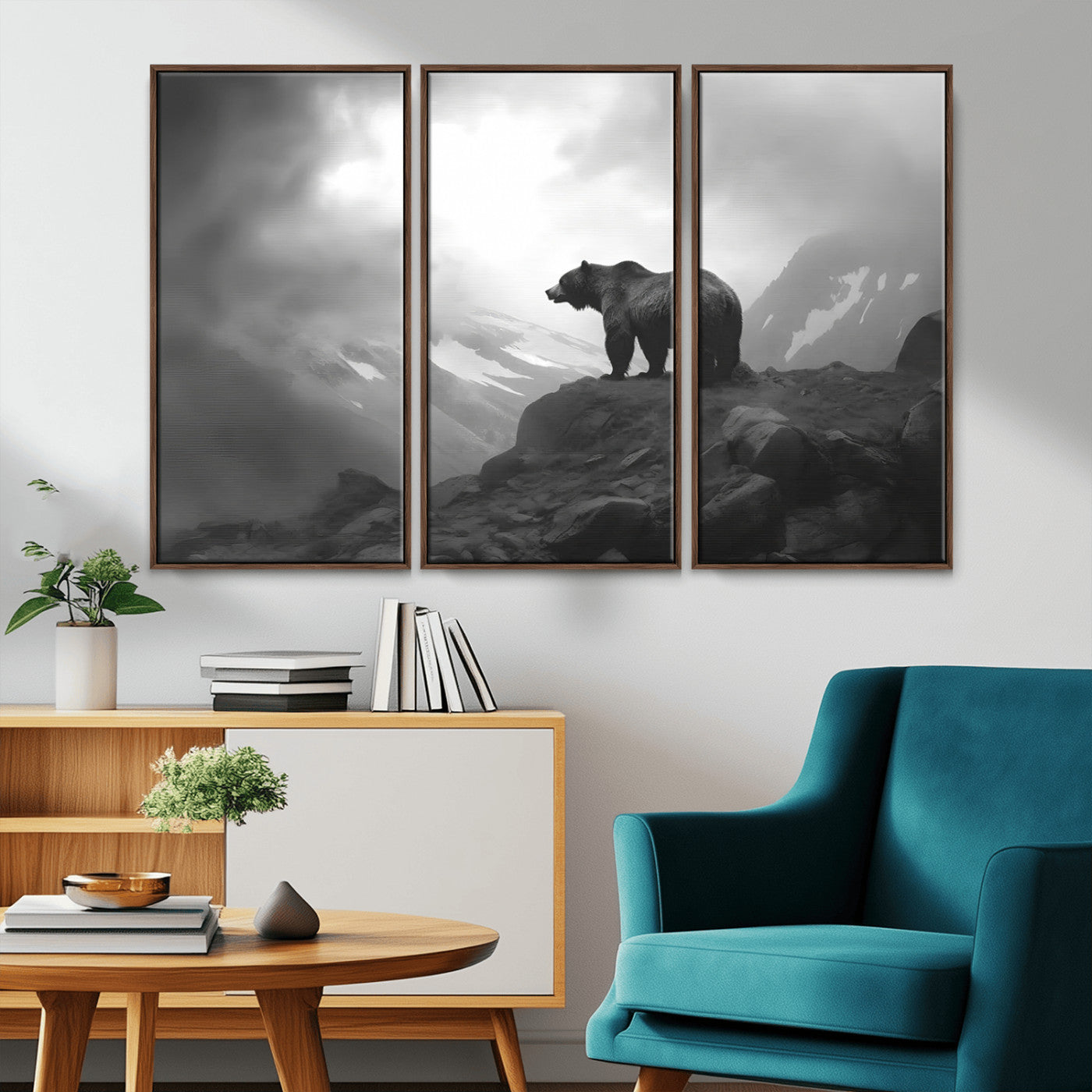 49504-MGV-FC-48X32-3P_Walnut-Black and White Grizzly Bear Wall Art – Wilderness Wildlife Painting, Rustic Mountain Cabin Decor, Monochrome Animal Print for