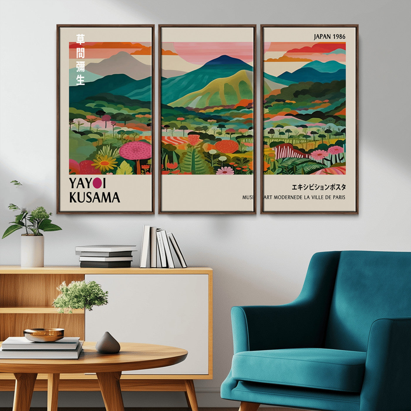 54215-MGV-FC-48X32-3P_Walnut-Yayoi Kusama Wall Art – Panoramic Japanese Landscape Canvas Print, Modern Abstract Nature Decor for Office, Bedroom or Living Room