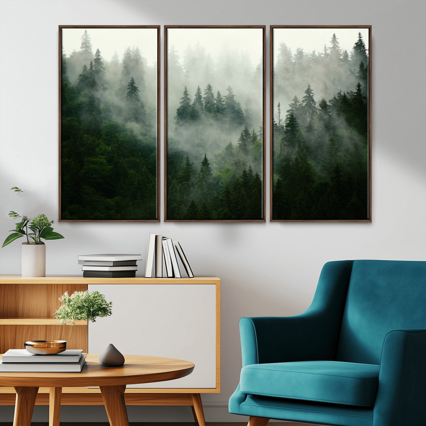 167720496-MGV-FC-48X32-3P_Walnut-Misty Forest Wall Art – Serene Evergreen Trees Canvas Print, Foggy Mountain Nature Landscape Decor for Bedroom, Living Room or