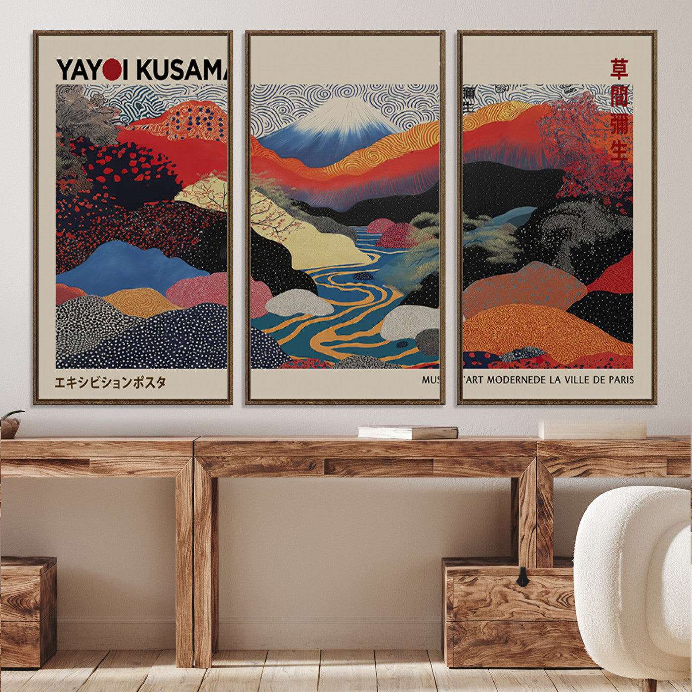 49228-MGV-FC-93X47-3P_Black-Kusama Wall Art – Vibrant Japanese Landscape Canvas Print, Modern Abstract Mountain and River Decor for Living Room, Office or Art