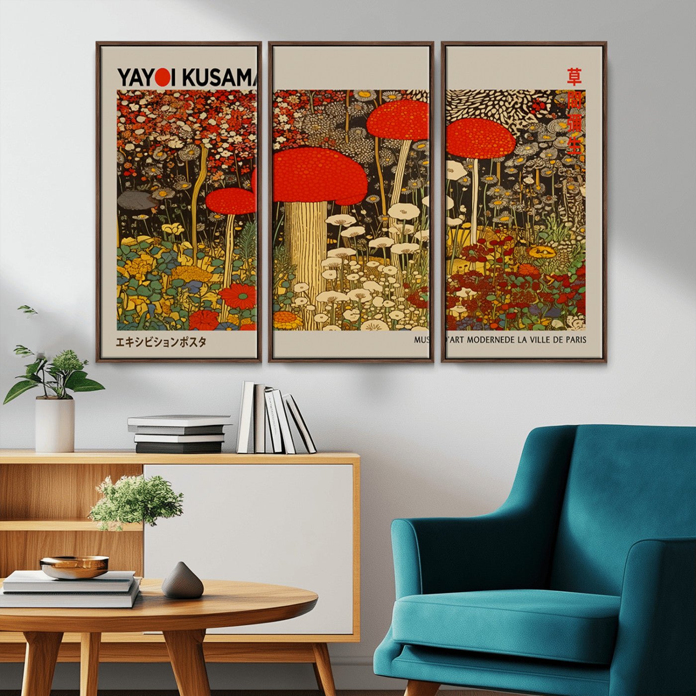 38013-MGV-CV-36X24-Yayoi Kusama Inspired Mushroom Garden Wall Art – Whimsical Botanical Canvas Print, Surreal Nature Poster, Fantasy Floral Artwork