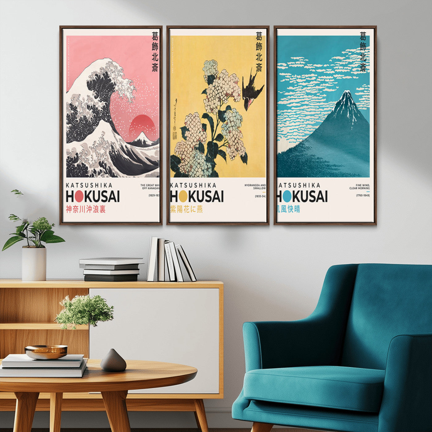 Katsushika-MGV-CV-36X24-Katsushika Hokusai Wall Art Set – The Great Wave, Hydrangea and Swallow, Fine Wind Canvas Prints, Japanese Ukiyo e Style Home and
