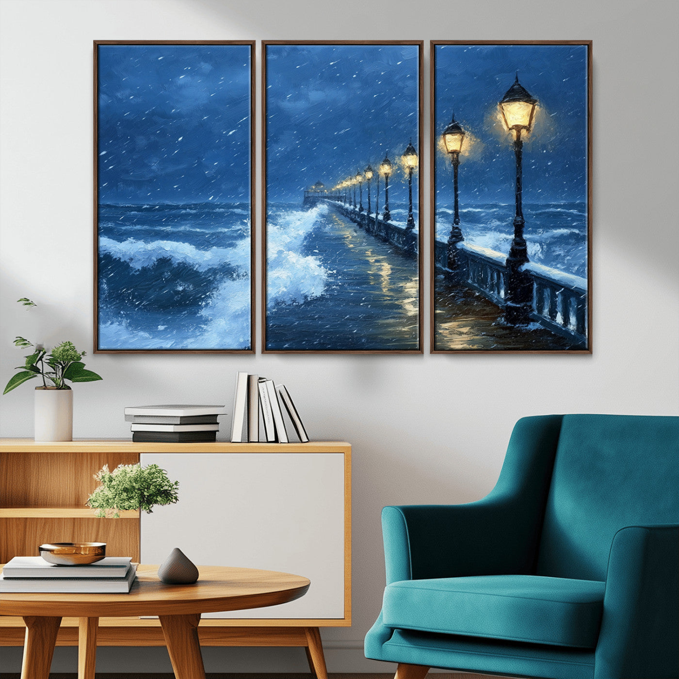 32668-MGV-CV-36X24-Stormy Pier Wall Art – Ocean Waves and Street Lamps Canvas Print, Rainy Night Seascape Oil Painting Poster for Living Room,