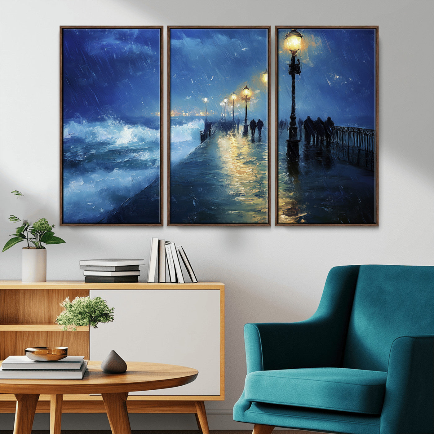 76572-MGV-CV-36X24-Stormy Night Pier Wall Art – Ocean Waves and Street Lamps Canvas Print, Rainy Seascape Oil Painting Poster for Living Room,