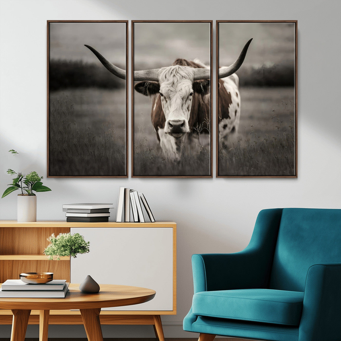 69238-MGV-CV-36X24-Longhorn Bull Wall Art – Rustic Black and White Texas Cattle Canvas Print, Western Farmhouse Animal Photography for Living Room,
