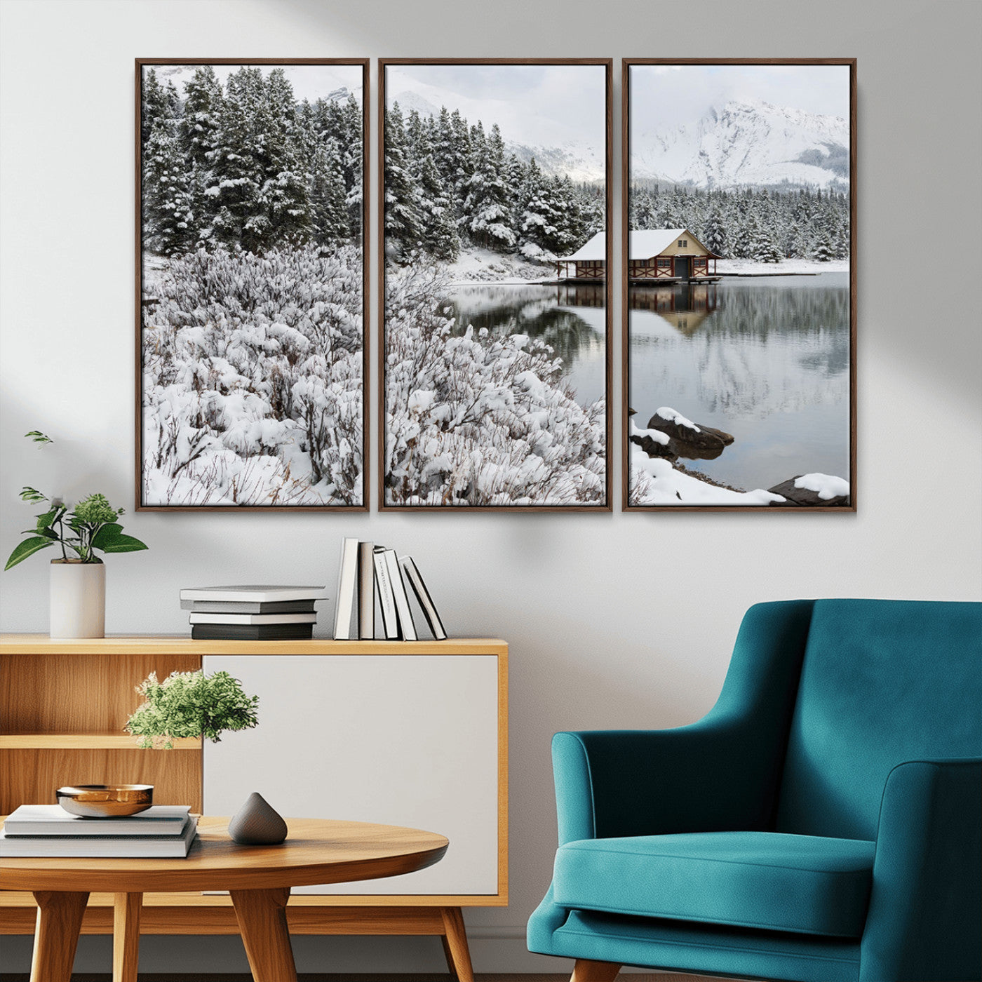 29975-MGV-FC-48X32-3P_Walnut-Winter Cabin by the Lake Wall Art – Snowy Mountain Landscape Canvas Print, Rustic Lodge Cabin Decor for Cozy Living Room, Bedroom
