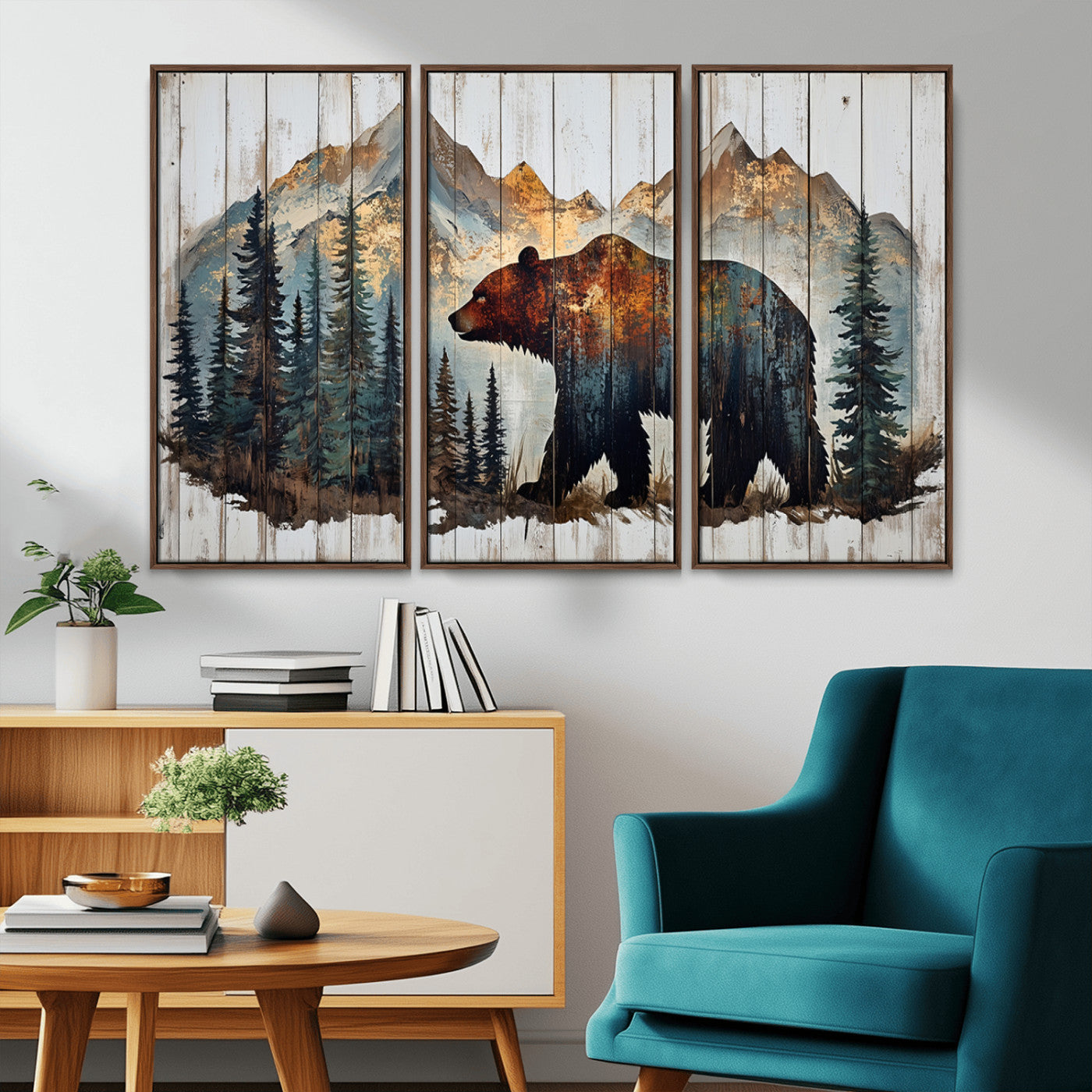 55777-MGV-CV-36X24-Rustic Bear Wall Art Canvas Print, Framed Mountain and Forest Art Picture Print, Wooden Bear Perfect Rustic Lodge Decor Artwork