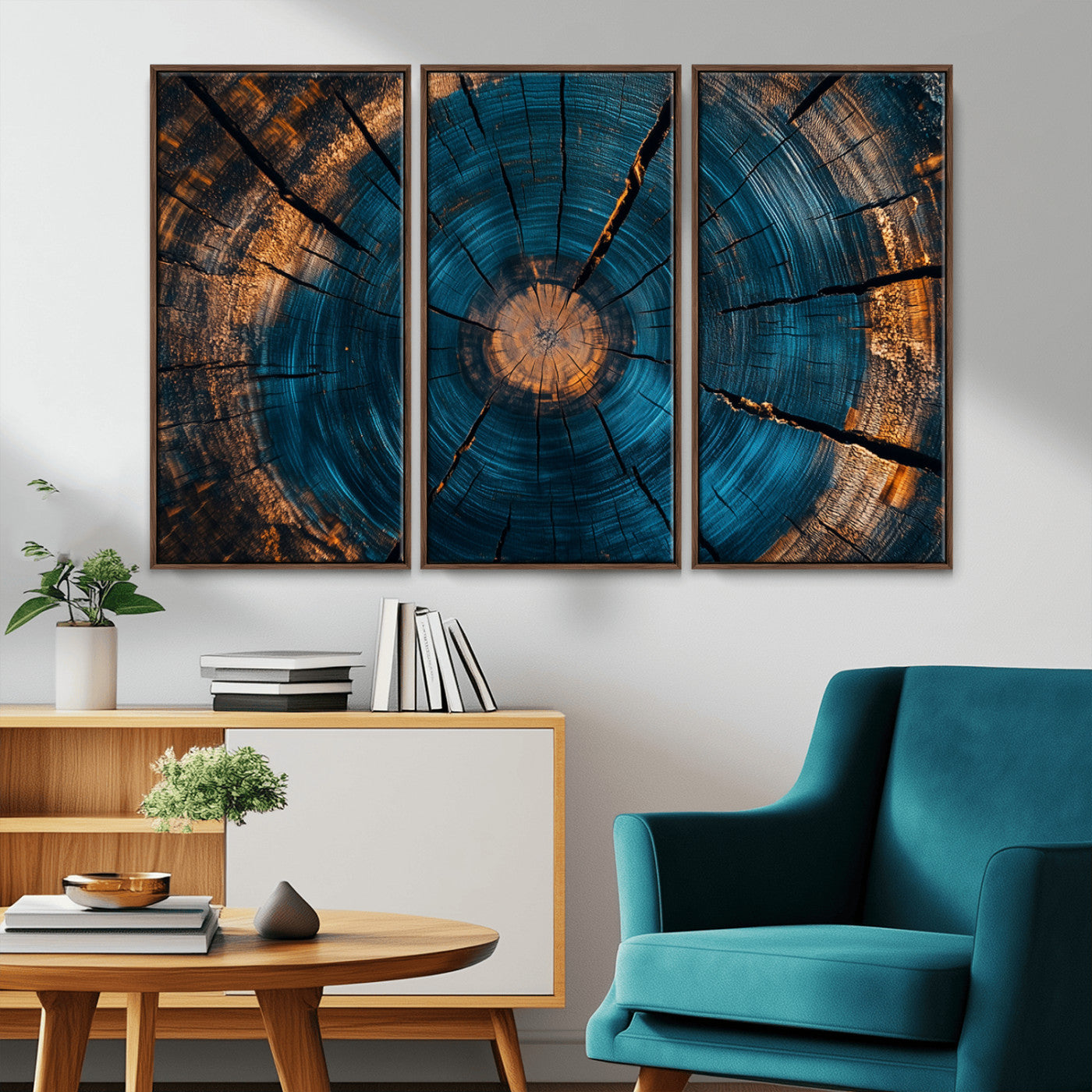 13398-MGV-CV-36X24-Tree Ring Wall Art – Abstract Wood Grain Canvas Print with Blue and Orange Accents, Rustic Nature Inspired Artwork for Living