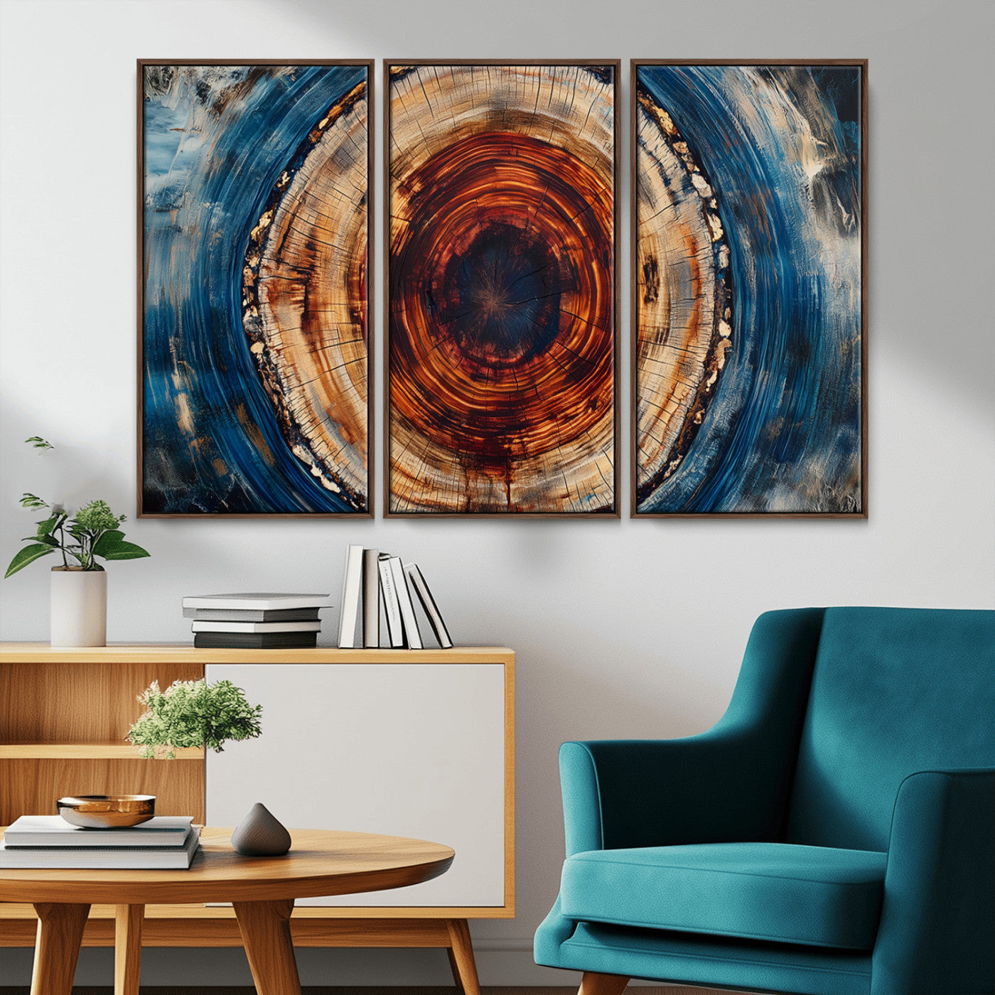 90395-MGV-CV-36X24-Tree Ring Wall Art – Abstract Wood Grain Canvas Print with Fiery Red and Blue Tones, Bold Rustic Nature Inspired Artwork Decor for