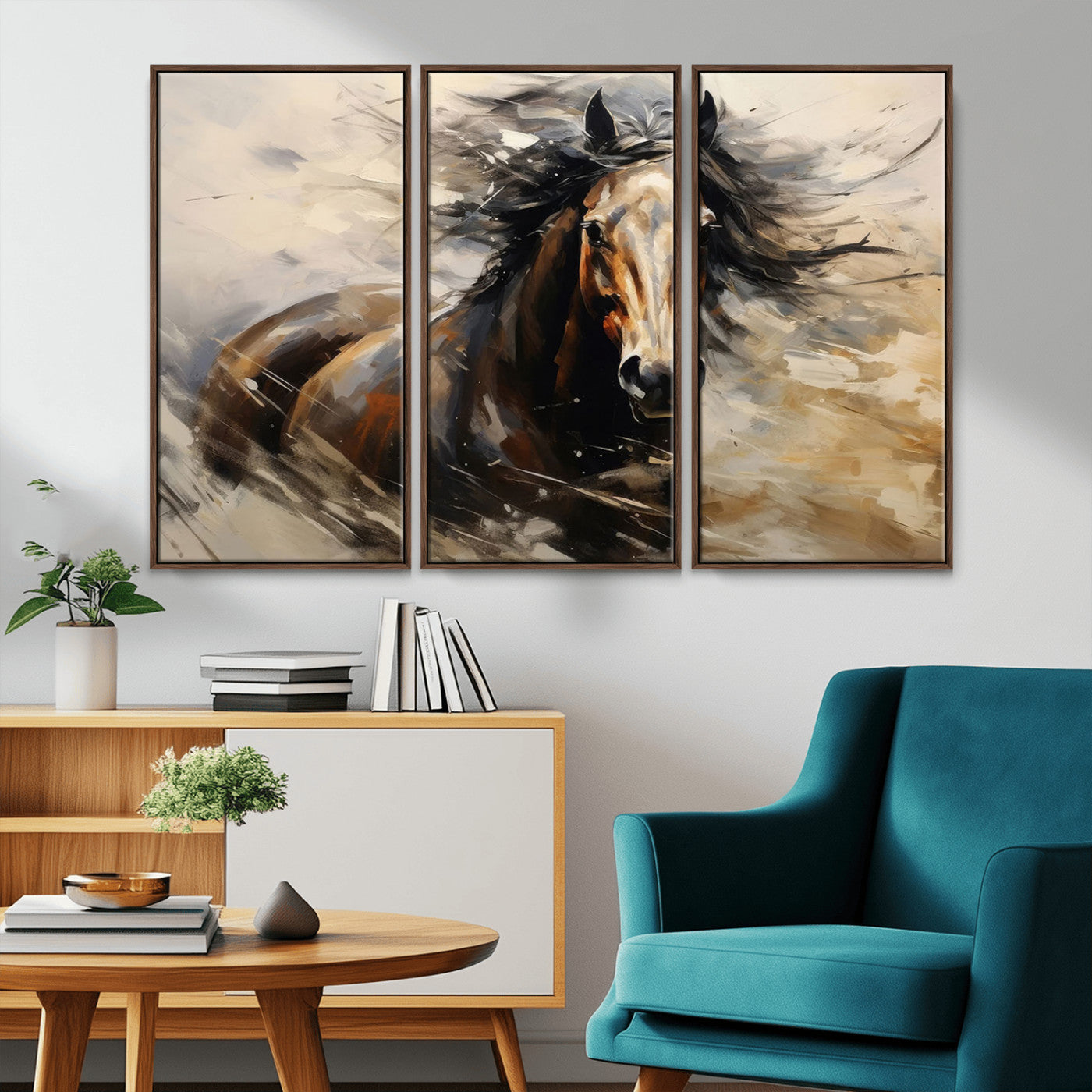 53001-MGV-FC-48X32-3P_Walnut-Wild Horse Wall Art – Majestic Stallion Canvas Print with Flowing Mane, Rustic Western Style Painting for Living Room, Office or