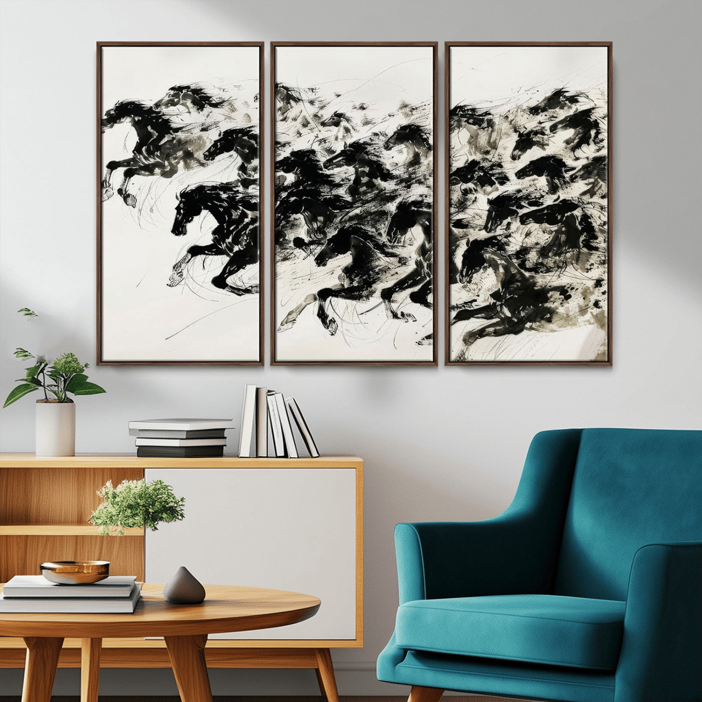 23069-MGV-CV-36X24-Galloping Horses Wall Art – Black Ink Painting on Canvas, Dynamic Equestrian Artwork with Running Stallions, Expressive Modern