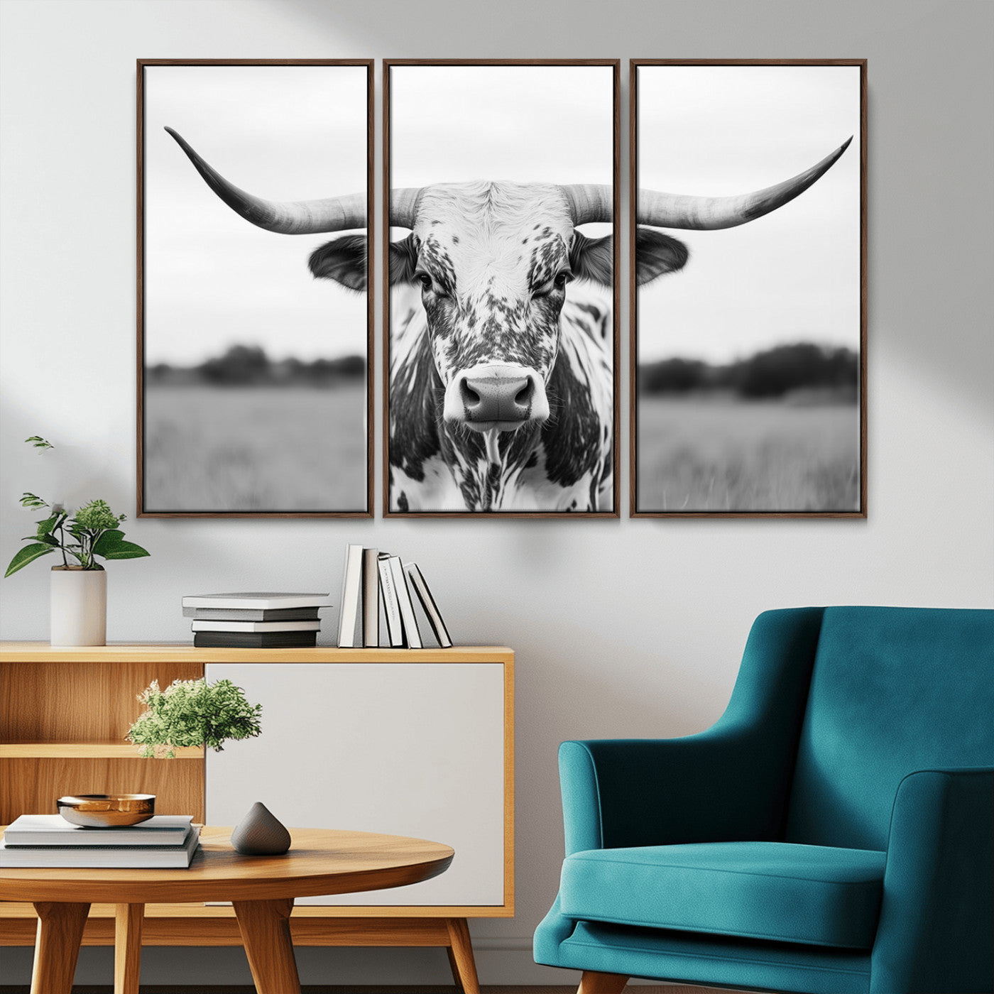 20272-MGV-FC-48X32-3P_Walnut-Texas Longhorn Wall Art – Black and White Cowboy Western Canvas Print, Rustic Farmhouse Cattle Photography Decor for Ranch, Barn