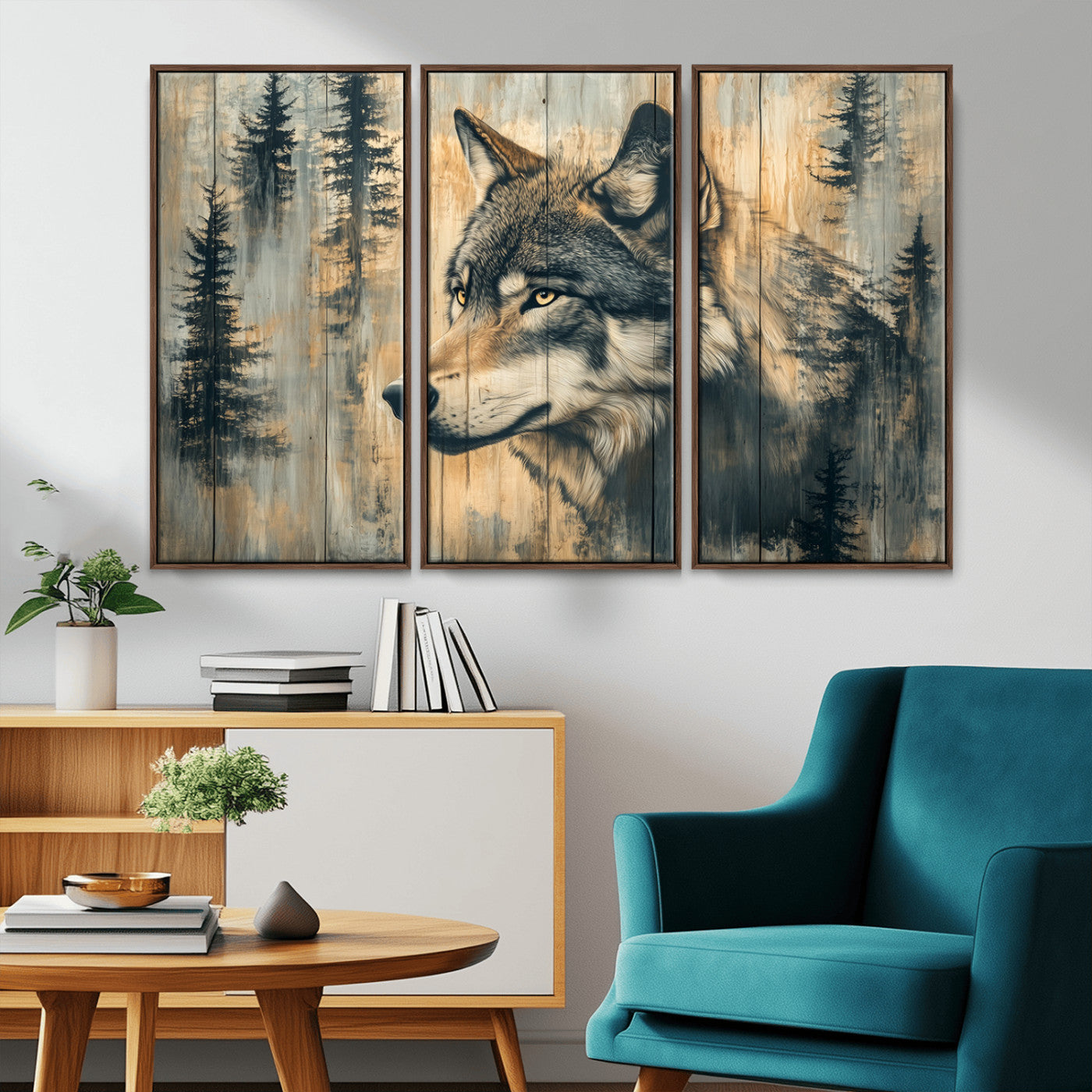 51892-MGV-CV-36X24-Wolf Wall Art – Rustic Canvas Print of Wolf with Forest Trees on Wood Texture, Wildlife Lodge Artwork for Living Room, Bedroom,