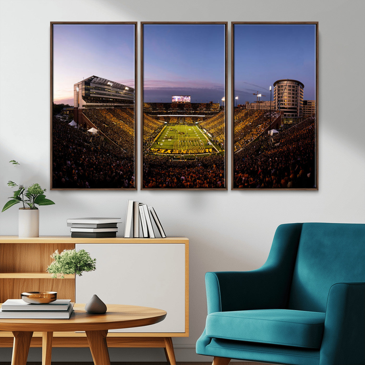 82557-MGV-CV-36X24-College Football Stadium Wall Art – Panoramic Sunset Canvas Print with Marching Band and Game Day Crowd, Sports Artwork for Man
