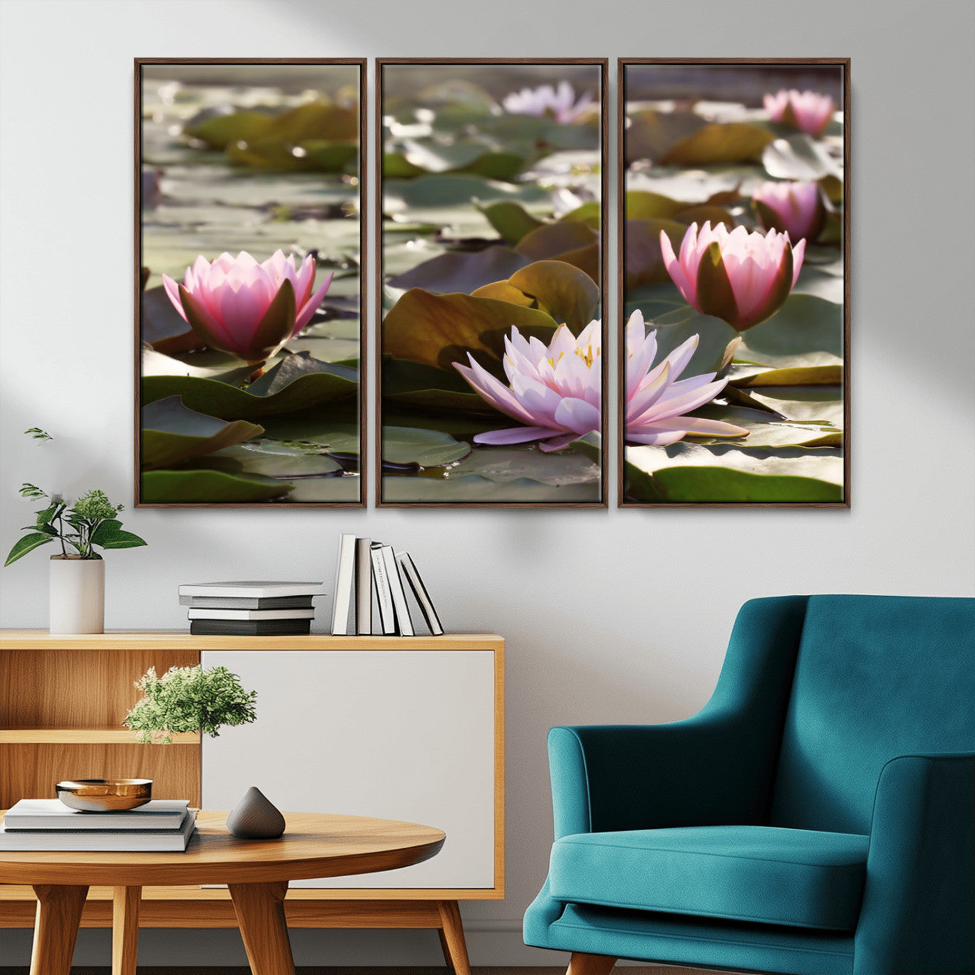 28394-MGV-CV-36X24-Water Lily Pond Wall Art – Pink Lotus Flowers Canvas Print with Green Lily Pads, Peaceful Botanical Artwork for Living Room,