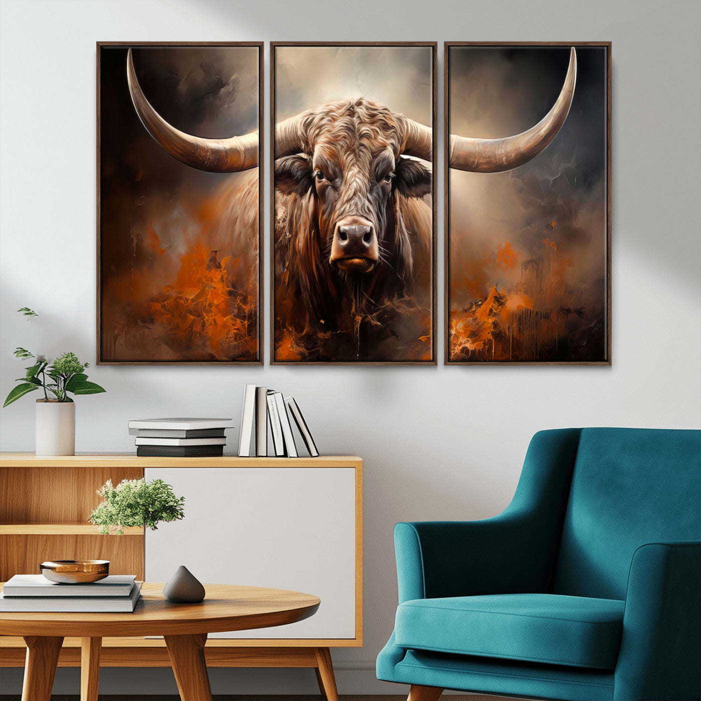 240479-MGV-CV-36X24-Longhorn Bull Wall Art – Dramatic Western Canvas Print Featuring Horned Bull with Fiery Background, Rustic Farmhouse Artwork for