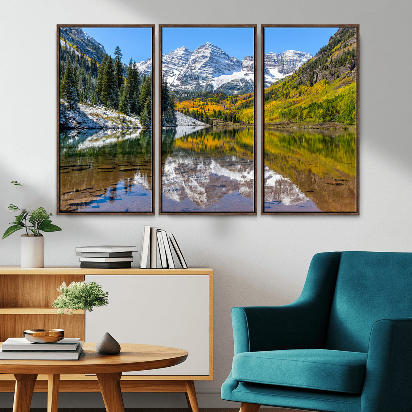 87724099-MGV-CV-36X24-Maroon Bells Wall Art Canvas Print, Framed Snowy Mountains Art Picture Print, Pine Forest Perfect Vibrant Alpine Decor Artwork