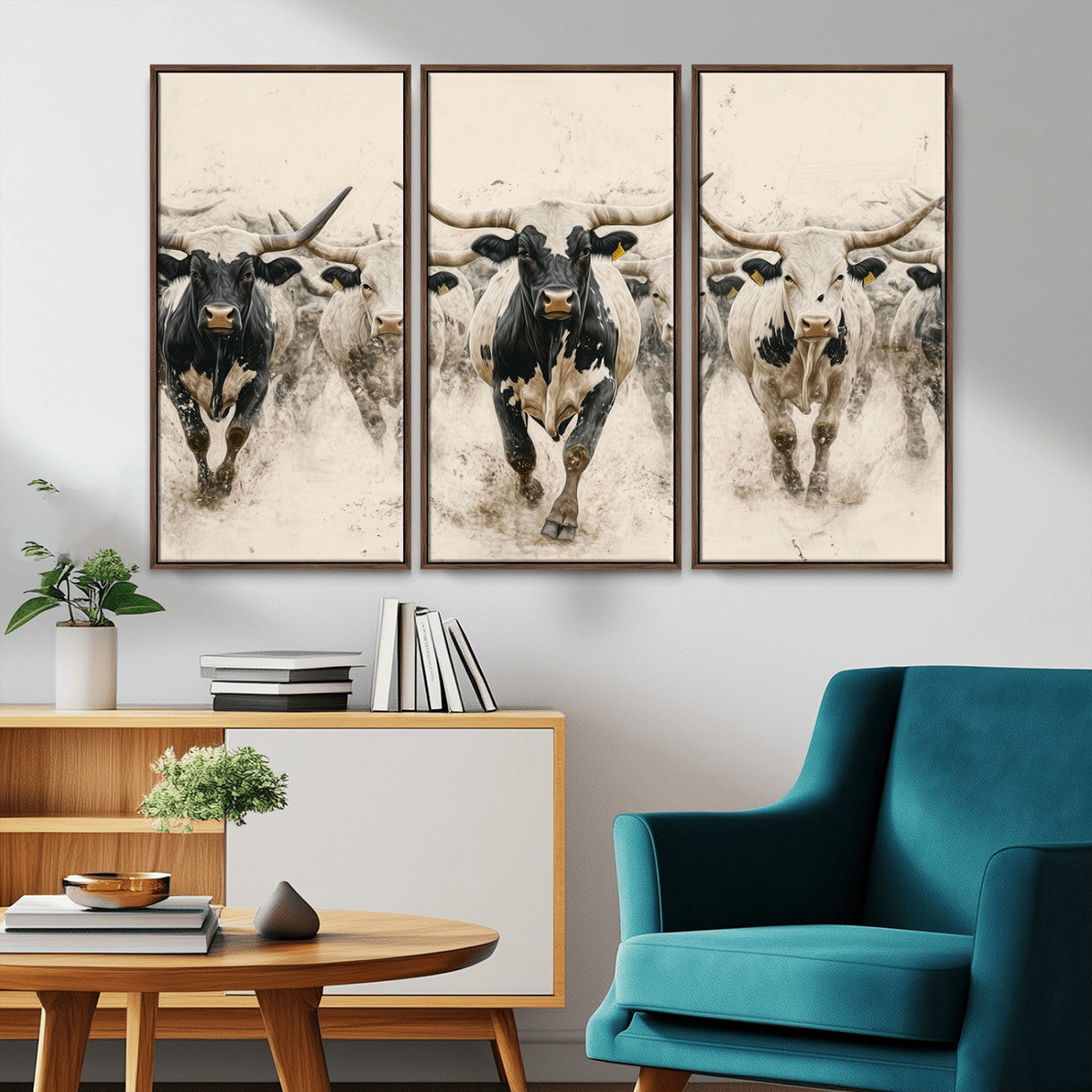 61538944-MGV-CV-36X24-Texas Longhorn Wall Art Canvas Print, Framed Cattles Walking Art Picture Print, Black White Bulls Perfect Rustic Western Decor