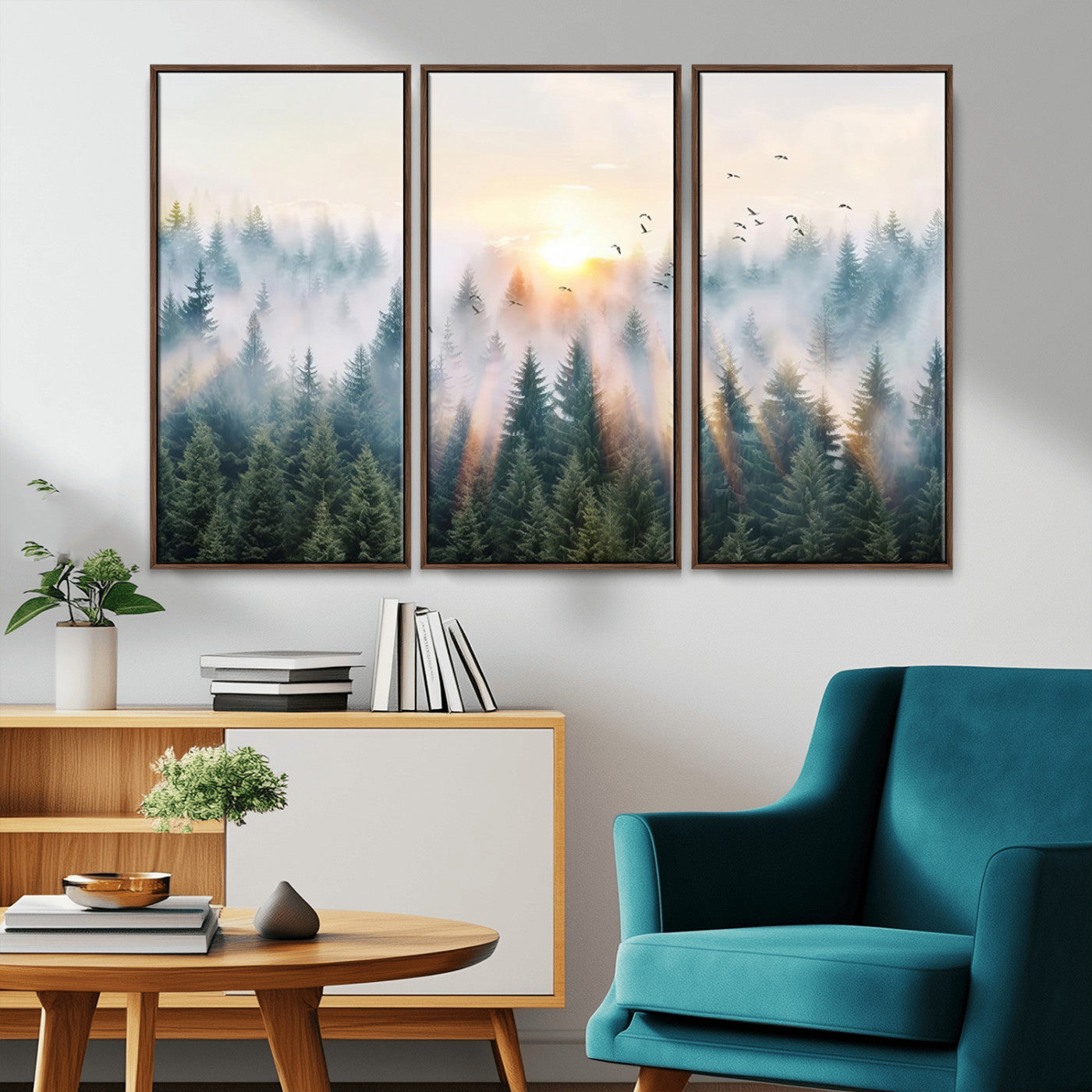 92718976-MGV-CV-36X24-Misty Forest Wall Art Canvas Print, Framed Sunrise Pines Art Picture Print, Foggy Woodland Perfect Moody Woodland Decor Artwork