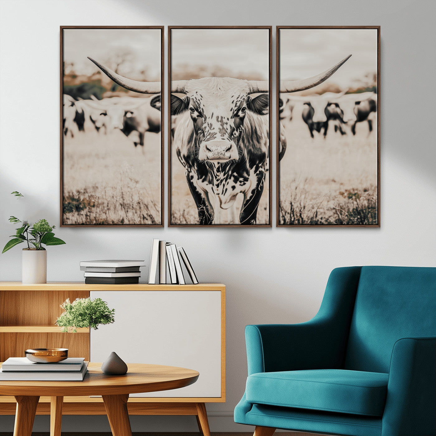 27497342-MGV-CV-36X24-Texas Longhorn Wall Art Canvas Print, Framed Speckled Cow Art Picture Print, Horned Cattle Perfect Rustic Western Decor Artwork