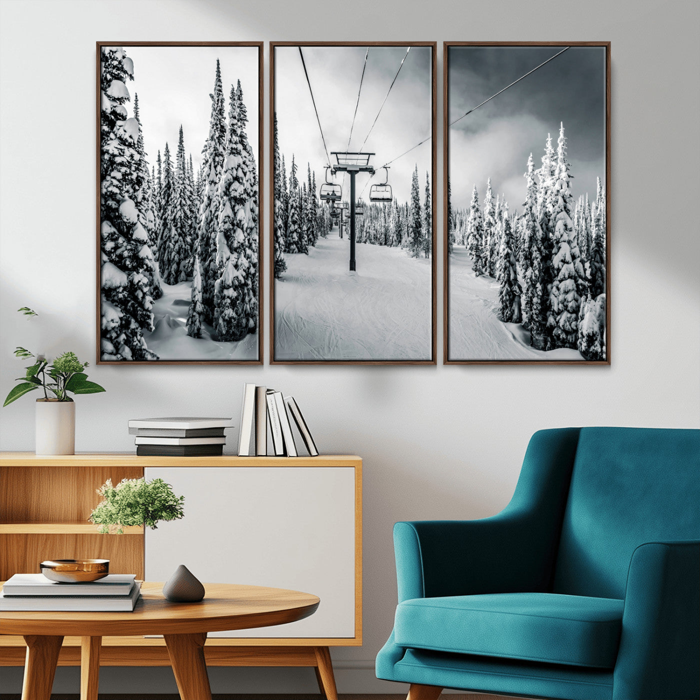 31156828-MGV-CV-36X24-Snowy Pines Wall Art Canvas Print, Framed Ski Lift Art Picture Print, Winter Forest Perfect Moody Lodge Decor Artwork