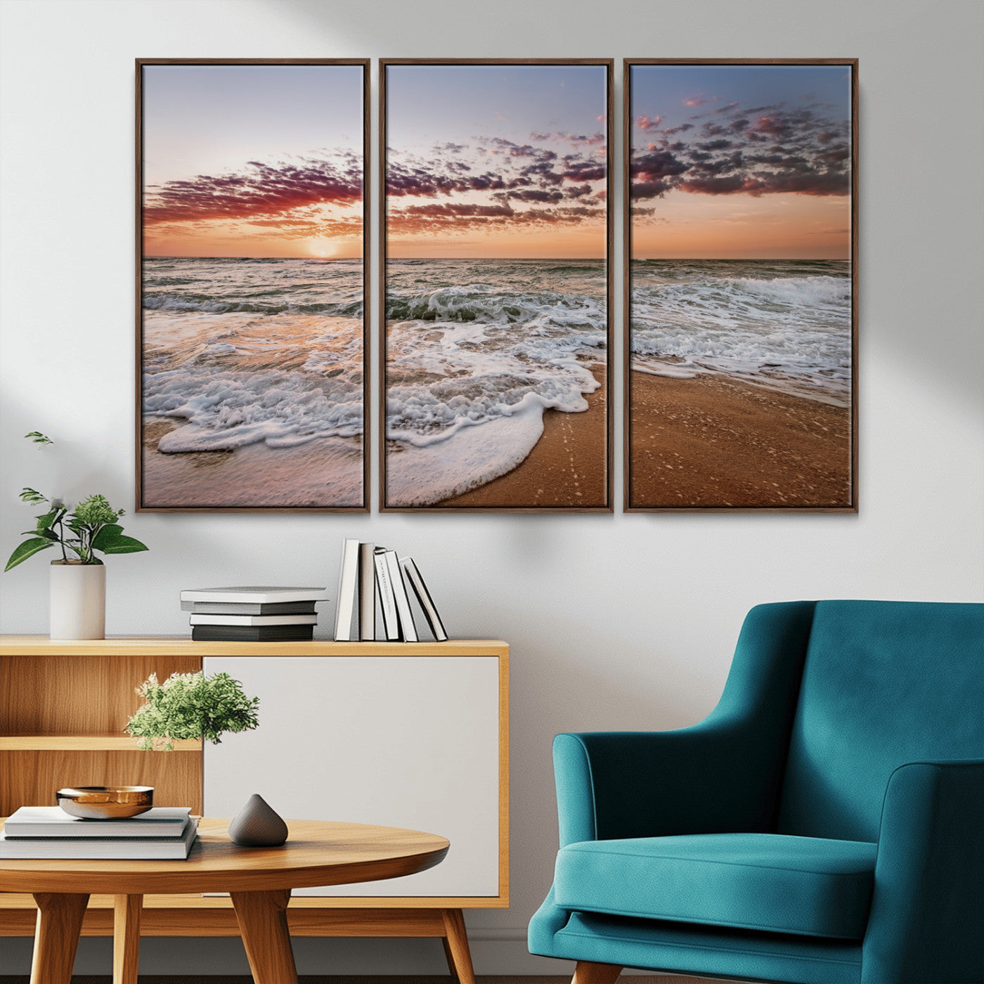 39846389-MGV-CV-36X24-Ocean Sunset Wall Art Canvas Print, Framed Sandy Shore Art Picture Print, Gentle Waves Perfect Minimalist Coastal Decor Artwork