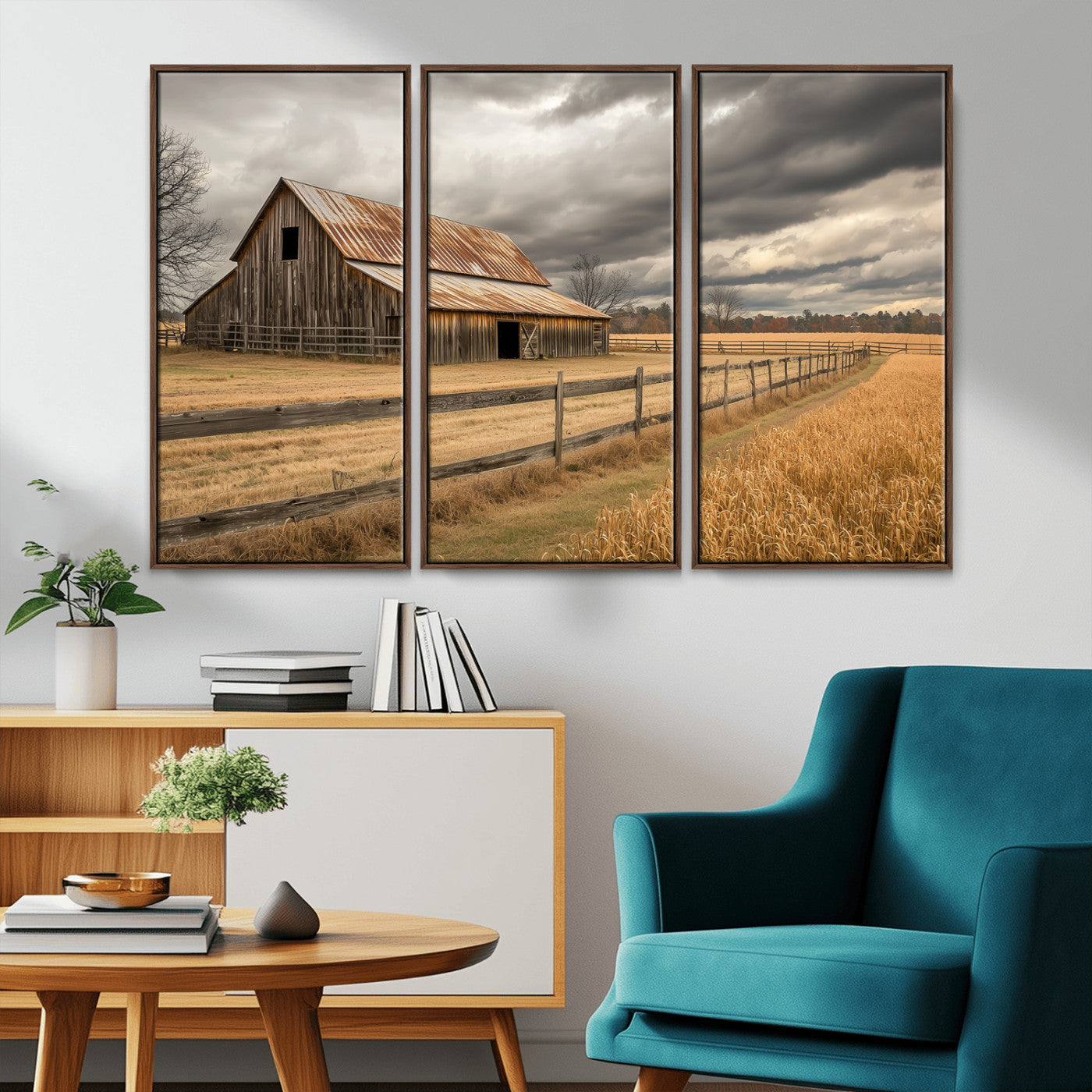 26821575-MGV-FC-48X32-3P_Walnut-Old Barn Wall Art Canvas Print, Framed Rustic Barn Art Picture Print, Moody Farm Perfect Rustic Farmhouse Decor Artwork