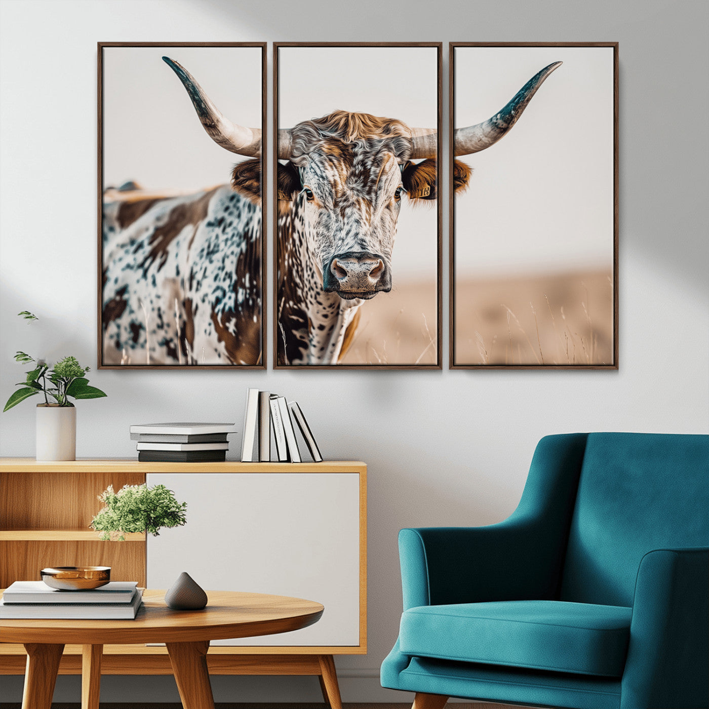 70414966-MGV-CV-36X24-Texas Longhorn Wall Art Canvas Print, Framed Speckled Cow Art Picture Print, Horned Bull Perfect Rustic Western Decor Artwork