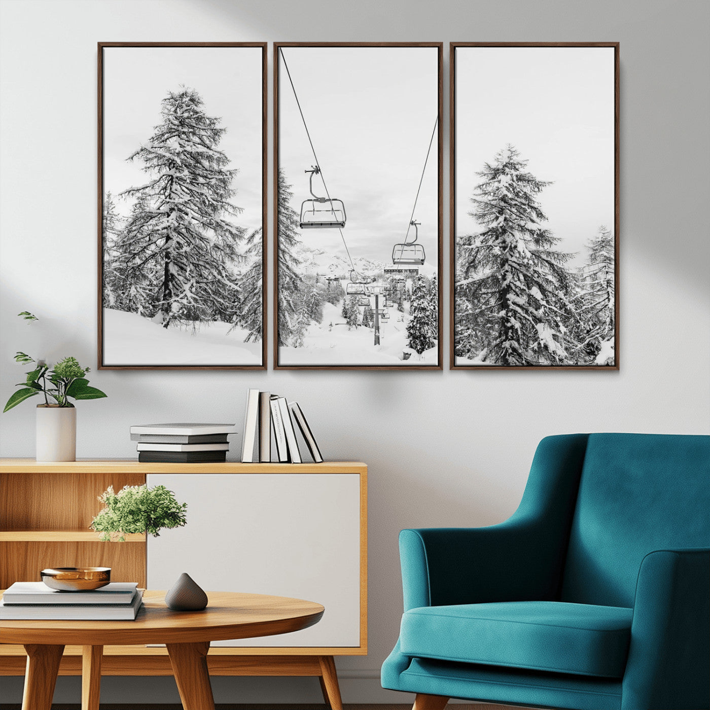 55003599-MGV-CV-36X24-Snowy Ski Lift Wall Art Canvas Print, Framed Winter Forest Art Picture Print, Ski lift Ride Perfect Winter Lodge Decor Artwork