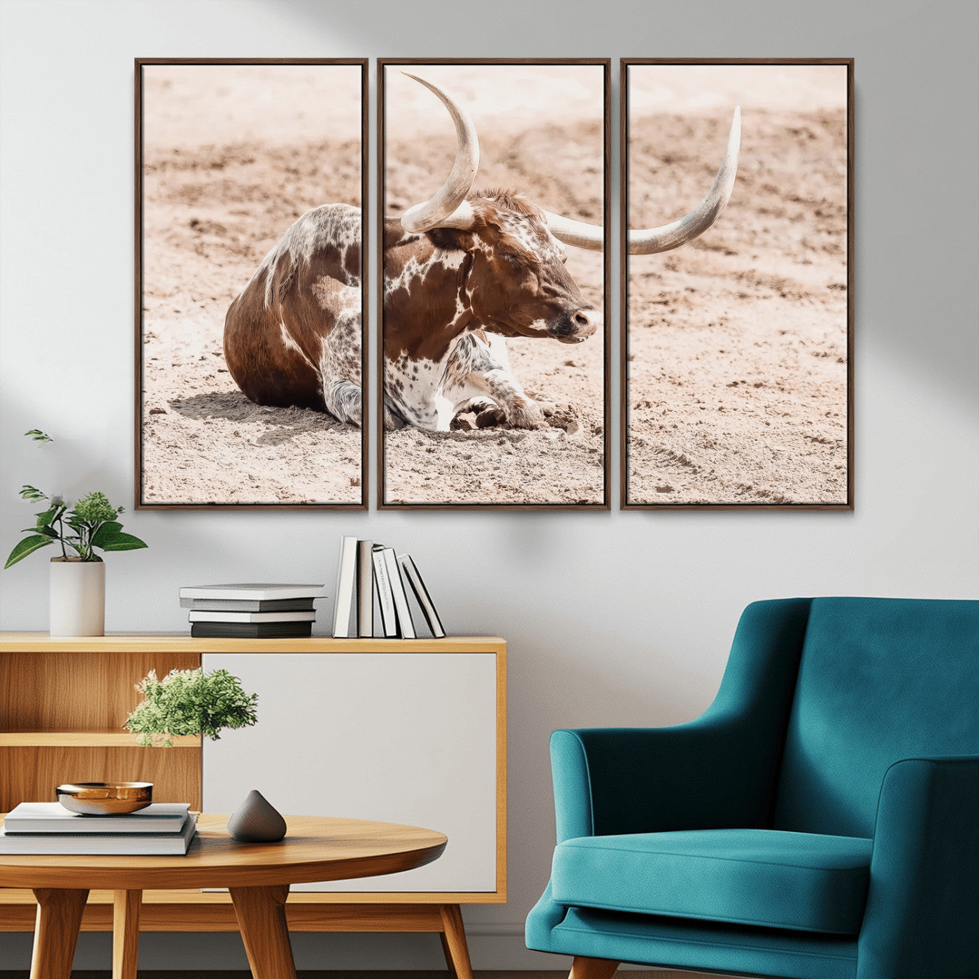 25407592-MGV-CV-36X24-Texas Longhorn Wall Art Canvas Print, Framed Resting Bull Art Picture Print, Spotted Cattle Perfect Rustic Western Decor Artwork