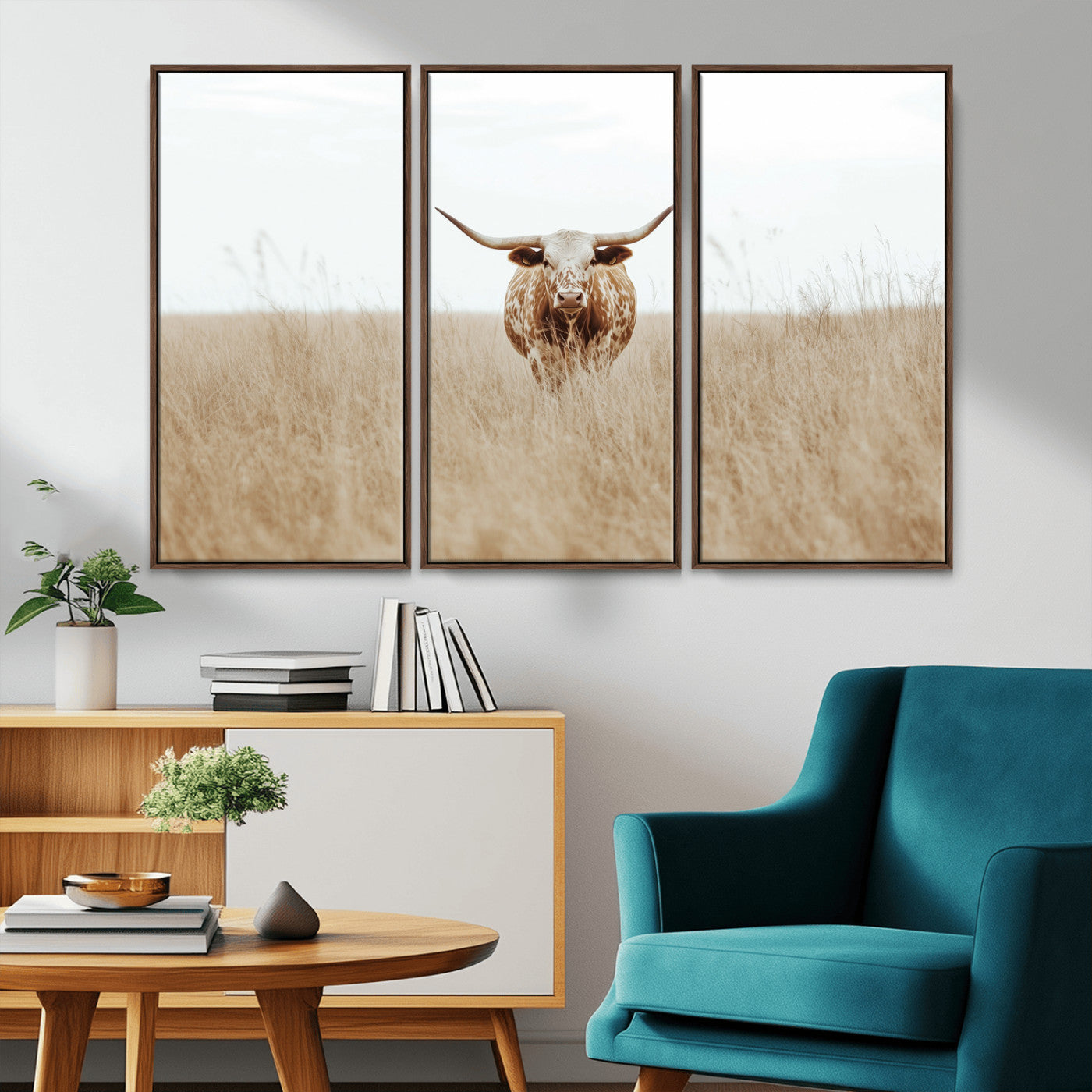 20927060-MGV-CV-36X24-Texas Longhorn Wall Art Canvas Print, Framed Lone Cattle Art Picture Print, Longhorn Bull Perfect Rustic Western Decor Artwork