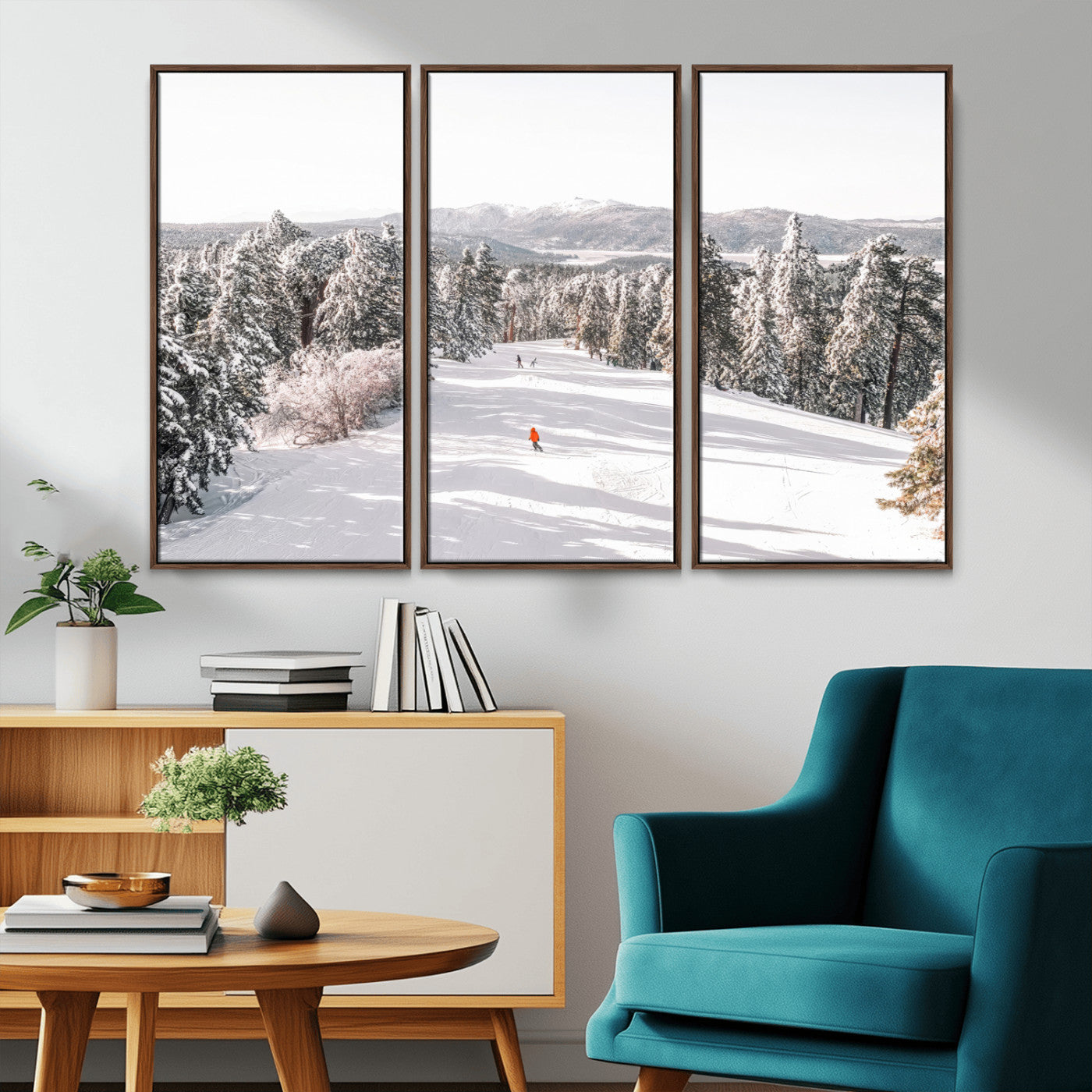 62119206-MGV-FC-48X32-3P_Walnut-Snowy Trail Wall Art Canvas Print, Framed Ski Slope Art Picture Print, Winter Pines Perfect Alpine Adventure Decor Artwork